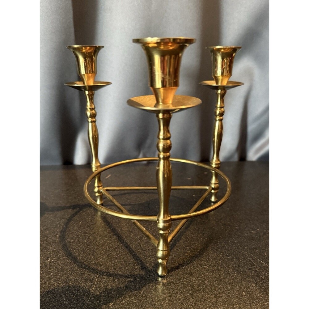 Vintage Brass 3 Arm Candelabra Candle Holder Geometric Hollywood Regency 7.5”